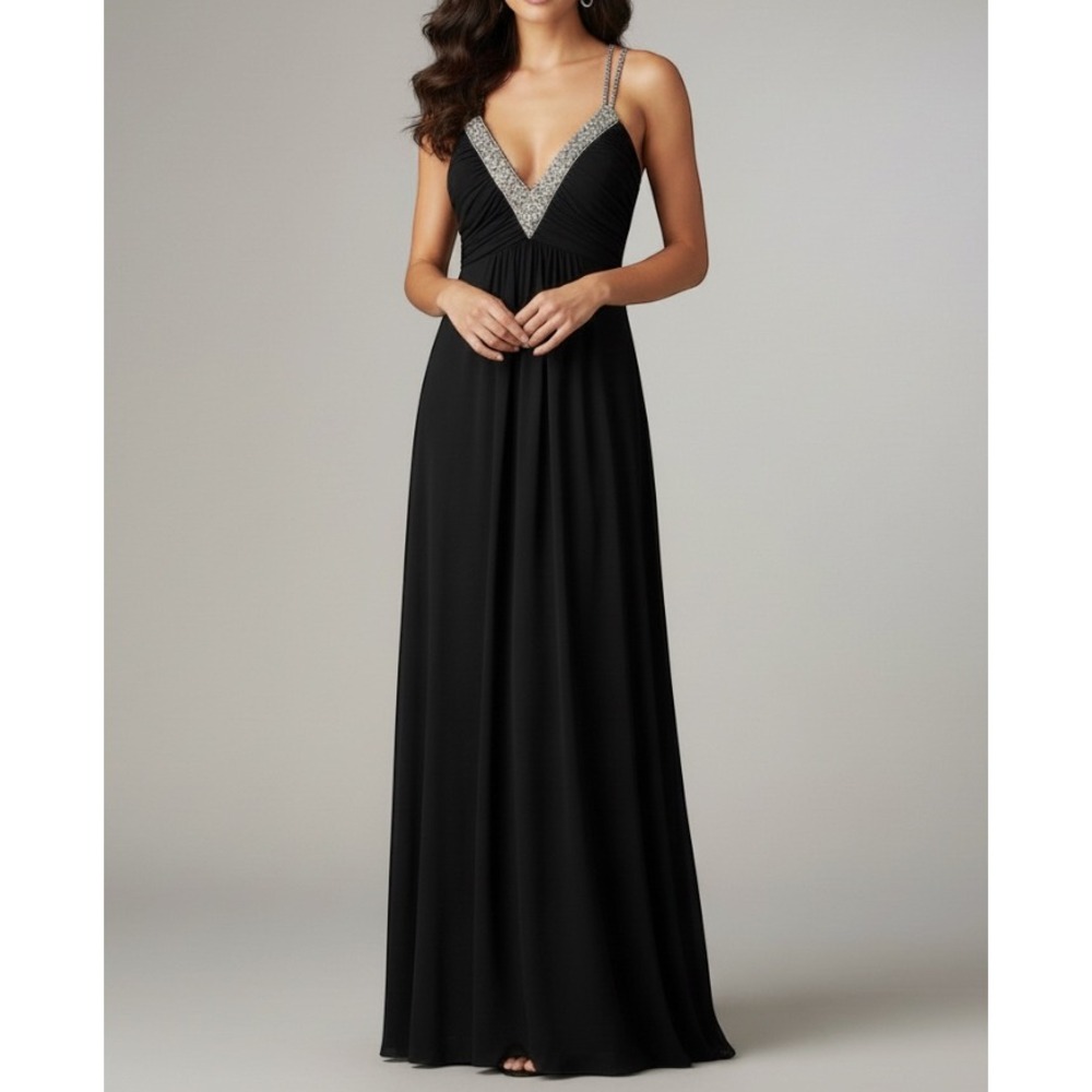 DAVE & JOHNNY Black STRETCH KNIT Strappy Rhinestone FORMAL SHIFT MAXI DRESS 5/6